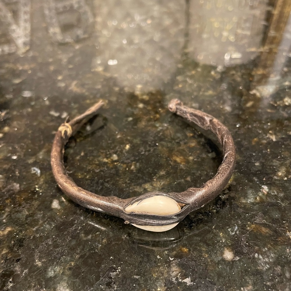 Vintage Brown Leather Bracelet with Shell Accent from Ghana